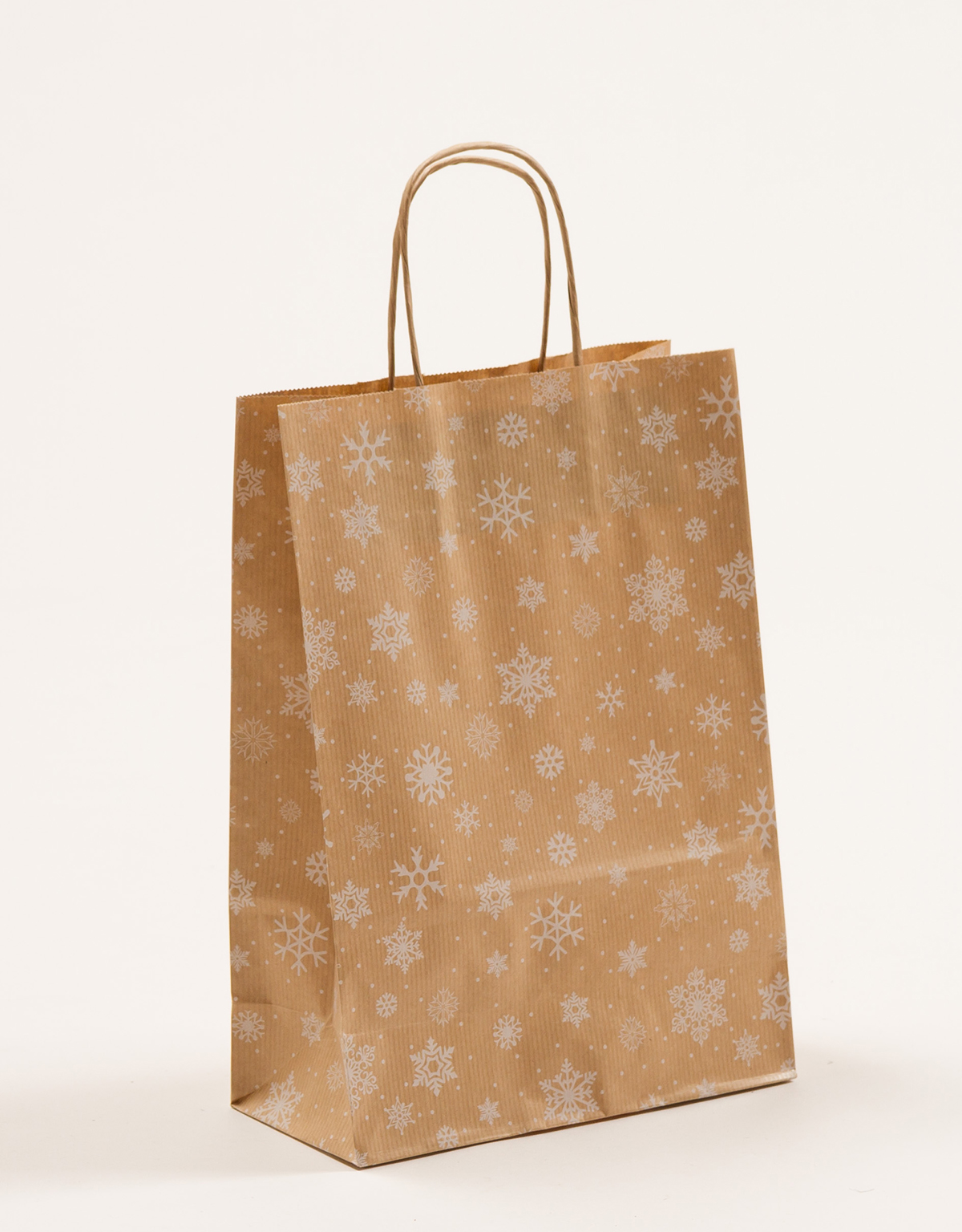 Produktbild Papiertragetaschen mit gedrehter Papierkordel Schneegestöber Weihnachten in der Größe 22 x 10 x 31 cm