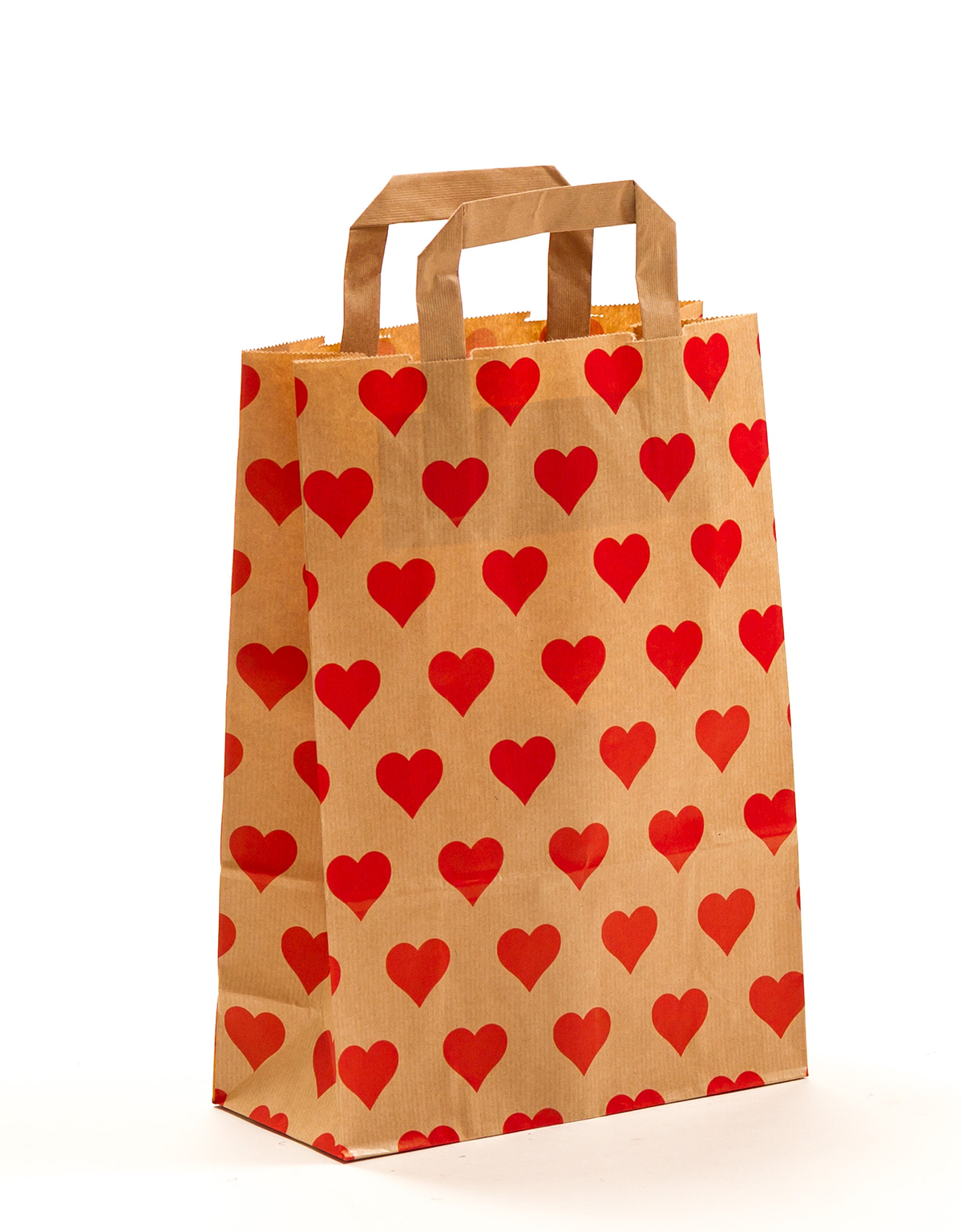 Produktbild Papiertragetaschen mit Flachhenkel braun  - Herzen rot in der Größe 22 x 10 x 31 cm