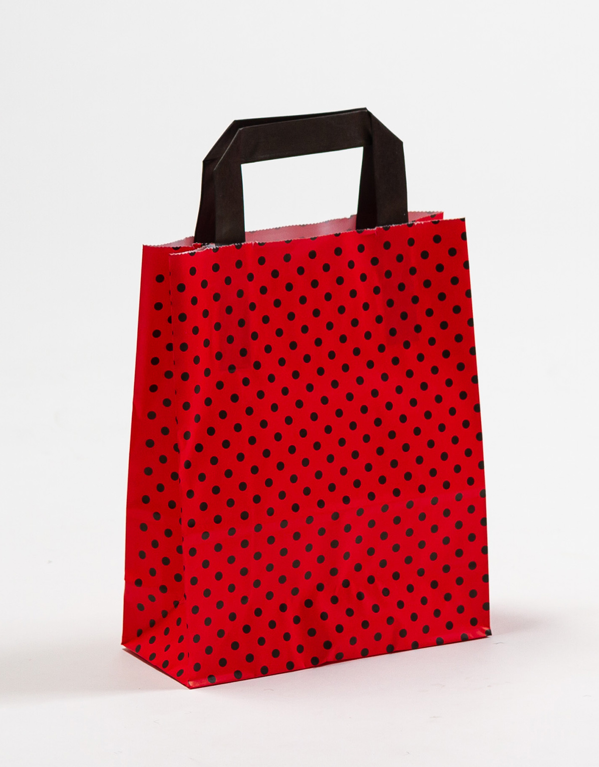 Produktbild Papiertragetaschen mit Flachhenkel rot mit Punkten in der Größe 18 x 8 x 22 cm