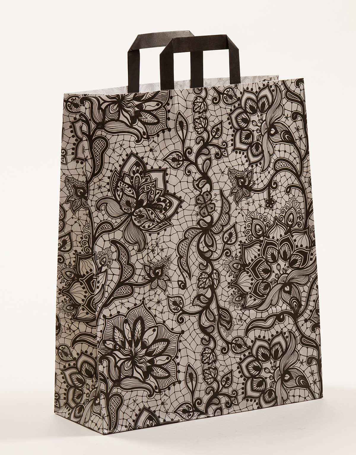 Produktbild Papiertragetaschen mit Flachhenkel - Spitze schwarz in der Größe 32 x 12 x 40 cm
