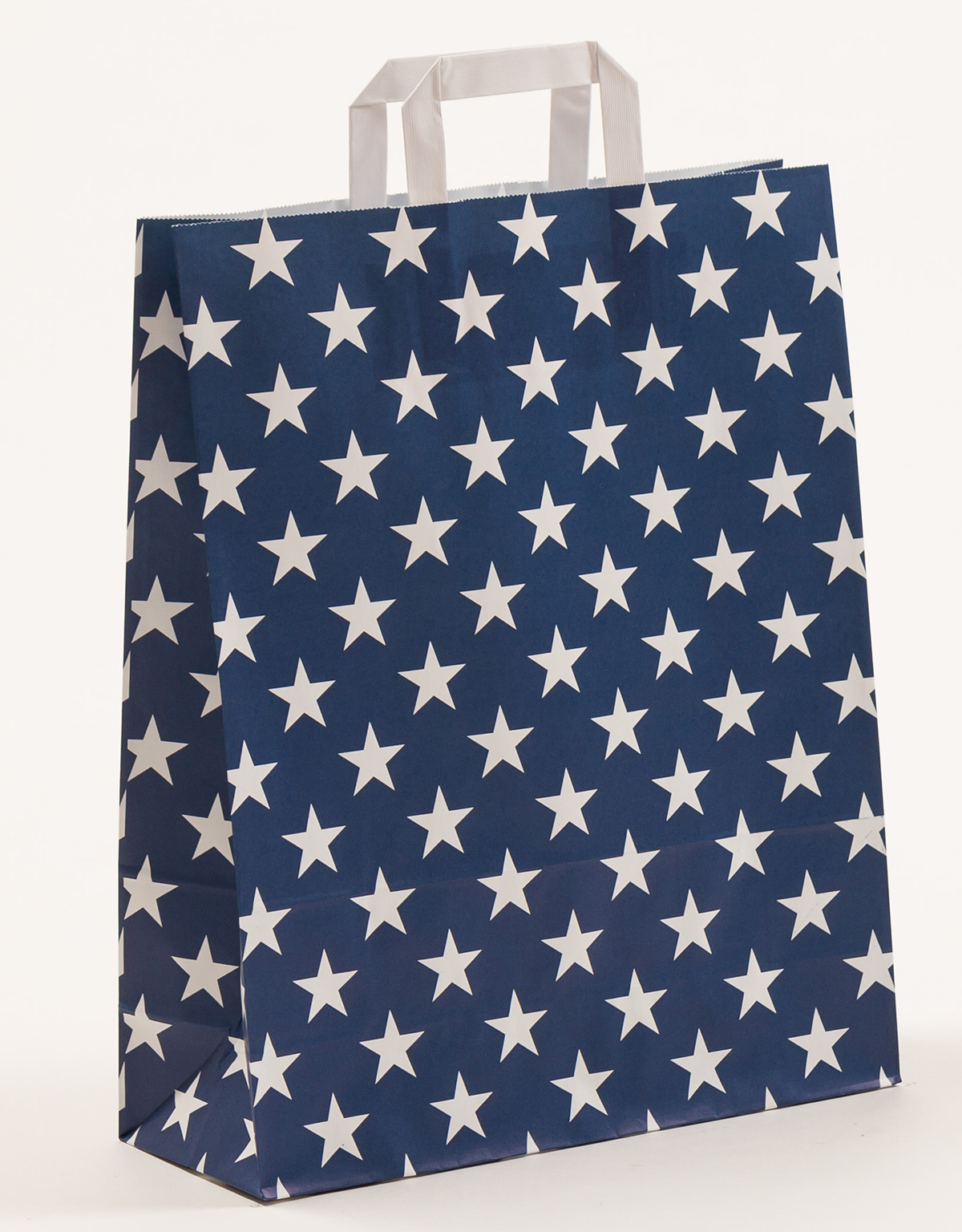 Produktbild Papiertragetaschen mit Flachhenkel - Sterne blau in der Größe 32 x 12 x 40 cm