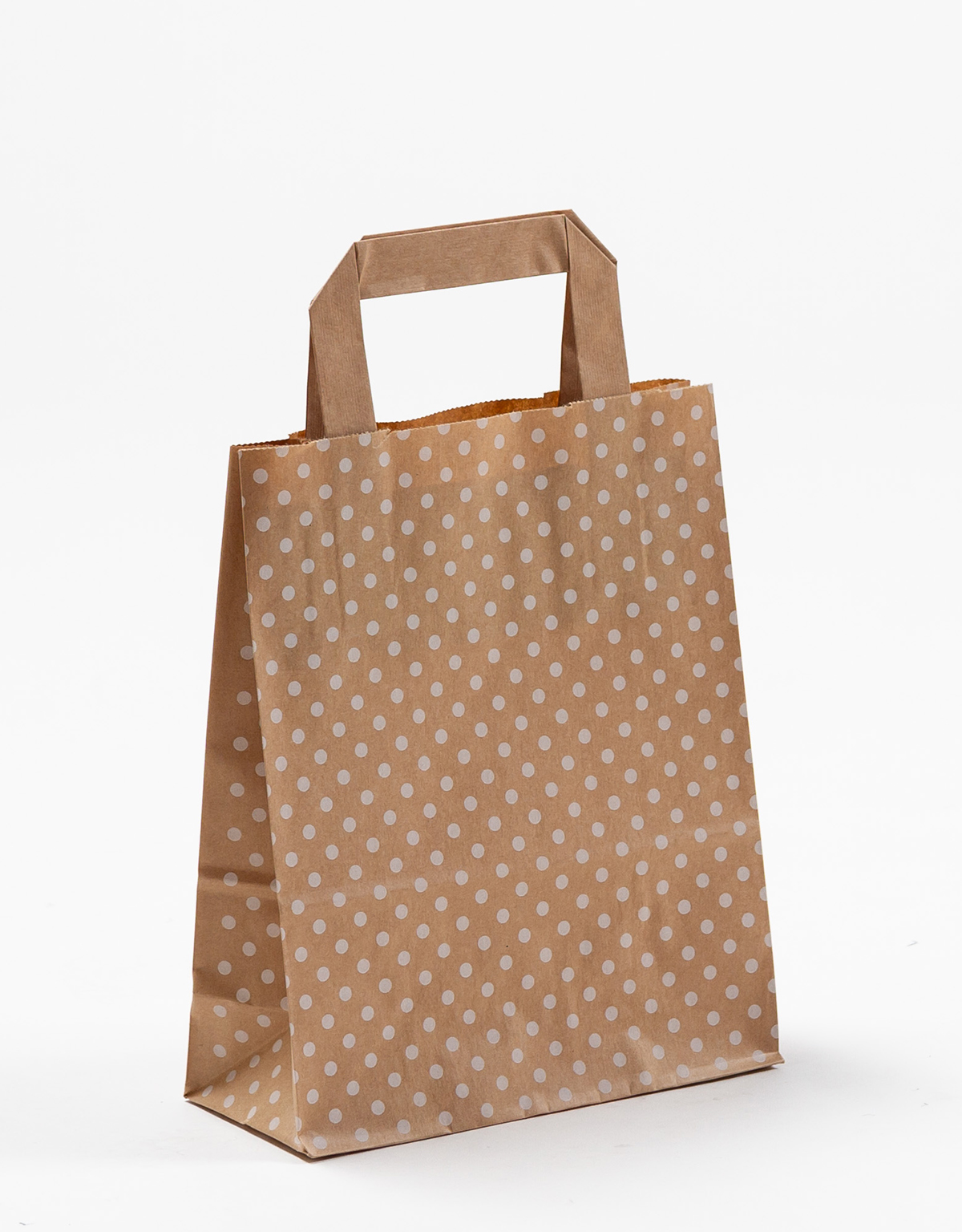 Produktbild Papiertragetaschen mit Flachhenkel braun mit weißen Punkten in der Größe 18 x 8 x 22 cm