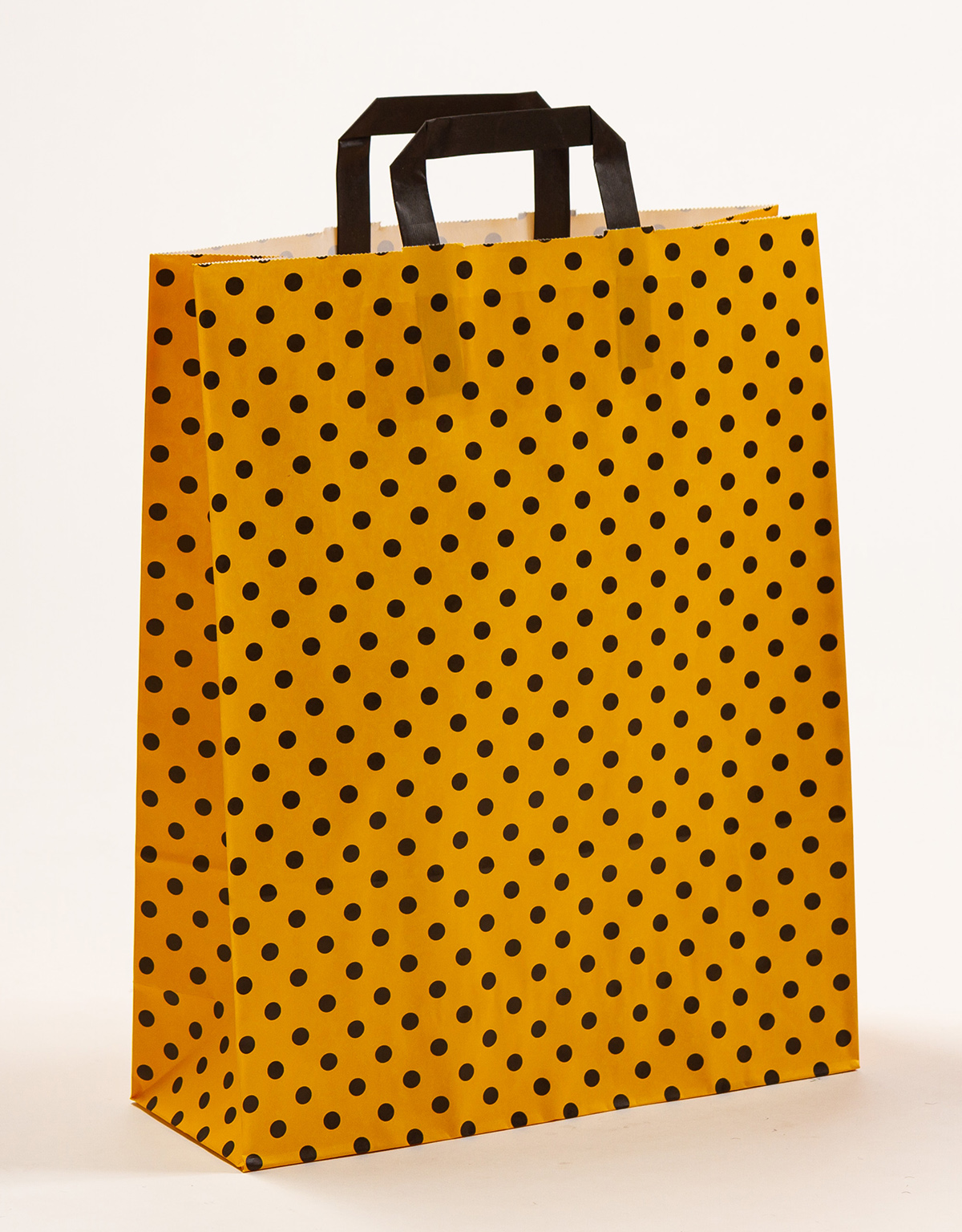 Produktbild Papiertragetaschen mit Flachhenkel gelb mit schwarzen Punkten in der Größe 32 x 12 x 40 cm