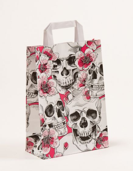 Produktbild Papiertragetaschen mit Flachhenkel -  Skulls & Fowers in der Größe 22 x 10 x 31 cm