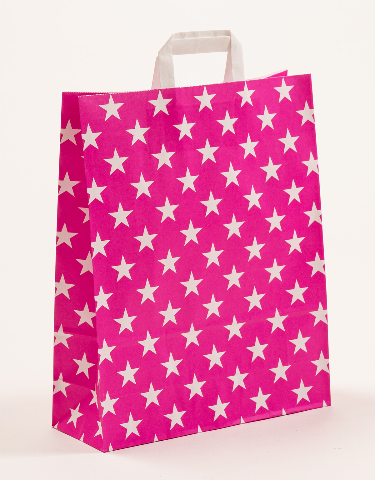 Produktbild Papiertragetaschen mit Flachhenkel - Sterne  pink in der Größe 32 x 12 x 40 cm