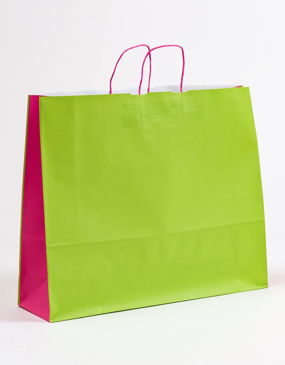 Produktbild Papiertragetaschen DUO grün/pink mit gedrehter Papierkordel in der Größe 54 x 15 x 44 cm