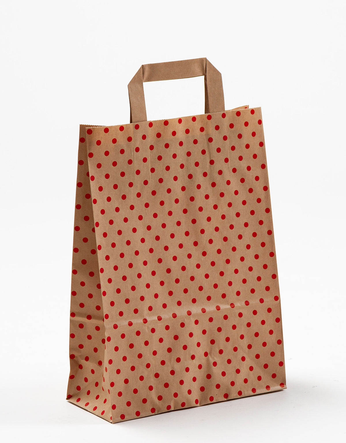 Produktbild Papiertragetaschen mit Flachhenkel braun mit roten Punkten in der Größe 22 x 10 x 31 cm
