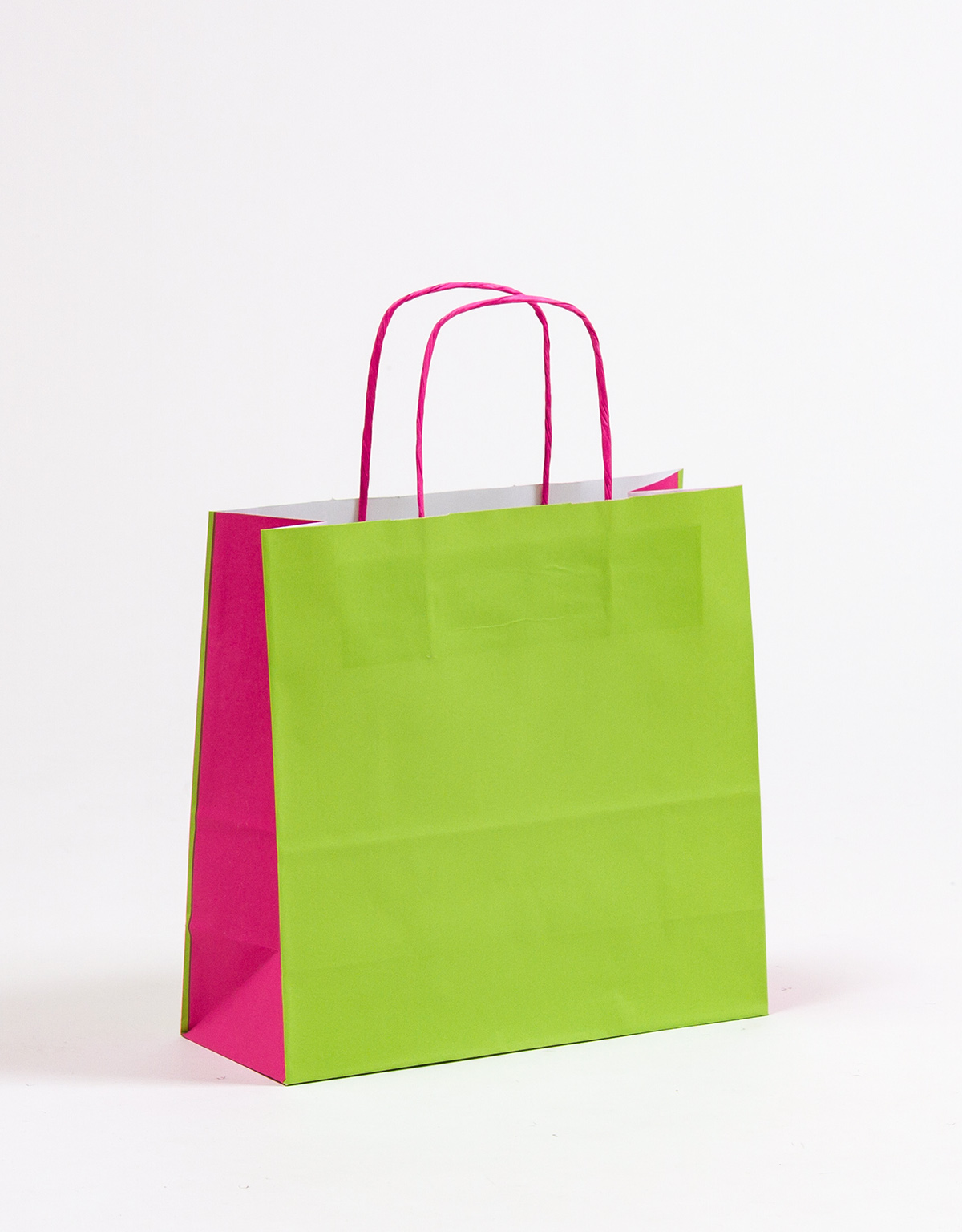 Produktbild Papiertragetaschen DUO grün/pink mit gedrehter Papierkordel in der Größe 27 x 11 x 26 cm