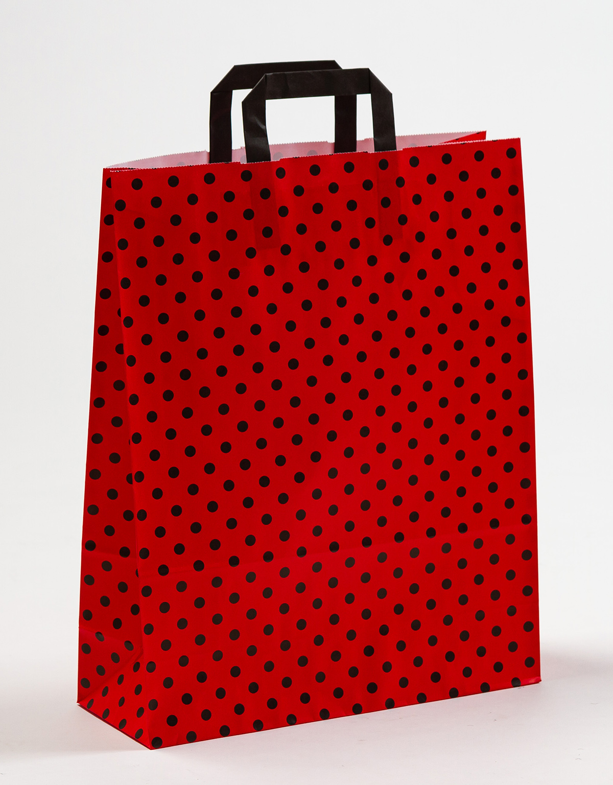 Produktbild Papiertragetaschen mit Flachhenkel rot mit Punkten in der Größe 32 x 12 x 40 cm