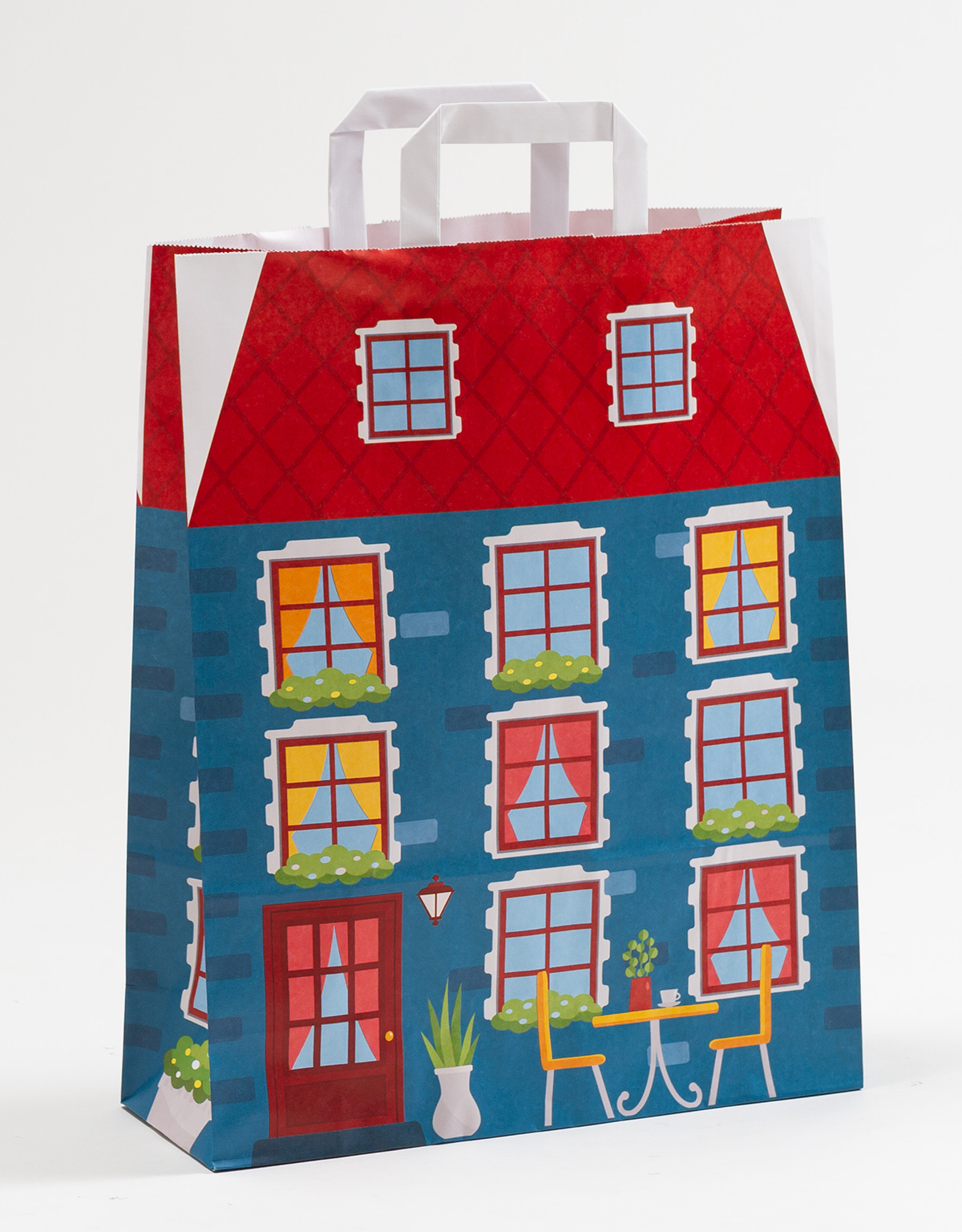 Produktbild Papiertragetaschen mit Flachhenkel - Häuser in der Größe 32 x 12 x 40 cm
