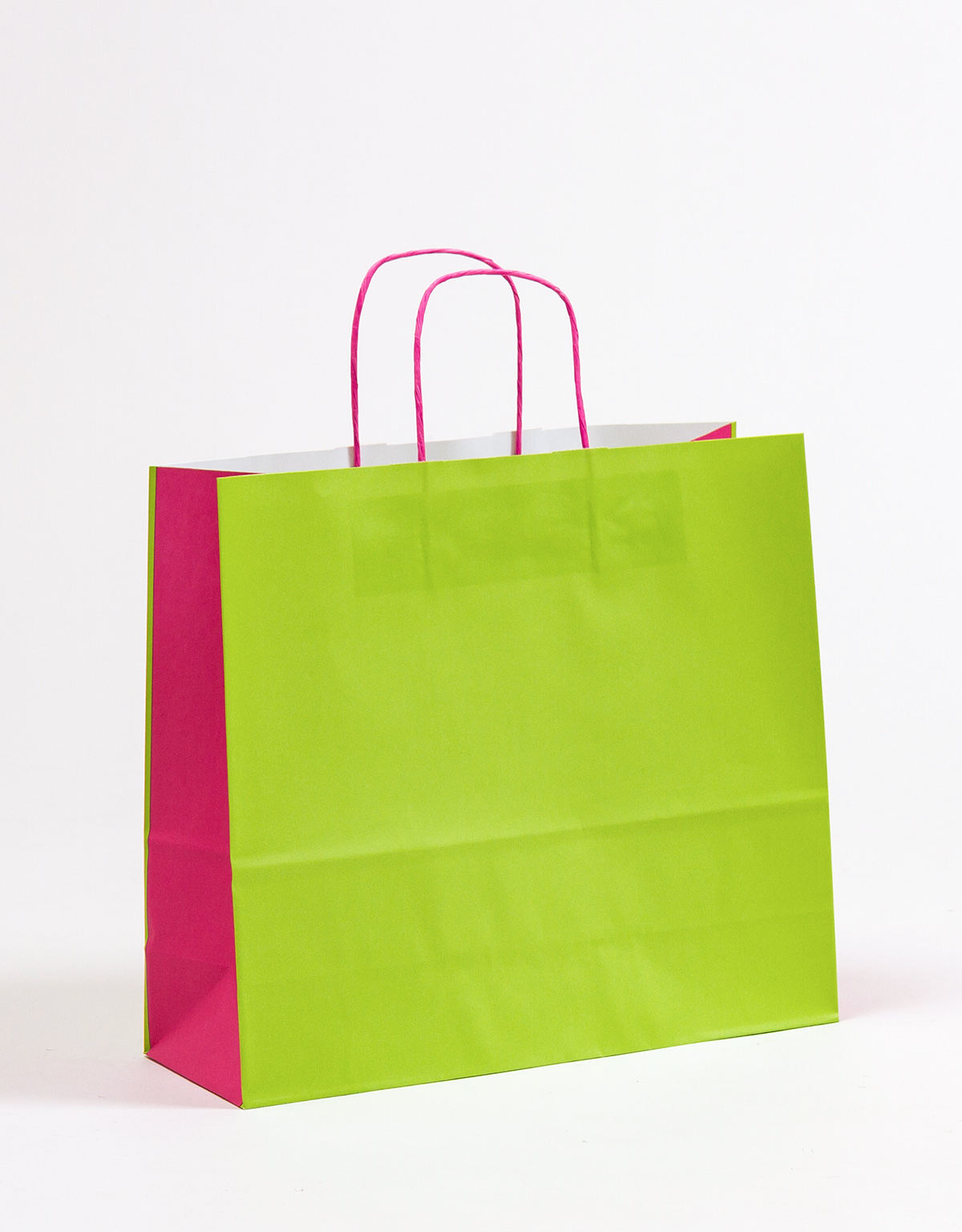 Produktbild Papiertragetaschen DUO grün/pink mit gedrehter Papierkordel in der Größe 36 x 12 x 31 cm