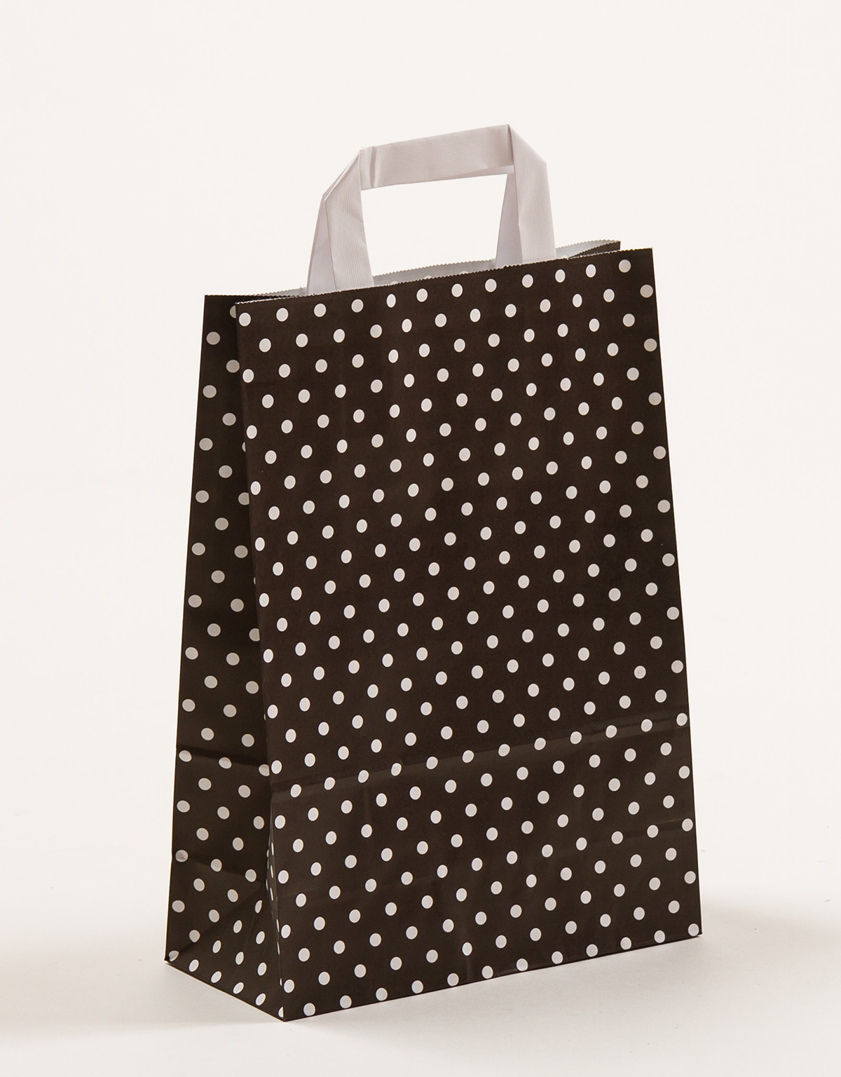 Produktbild Papiertragetaschen mit Flachhenkel schwarz mit Punkten in der Größe 22 x 10 x 31 cm