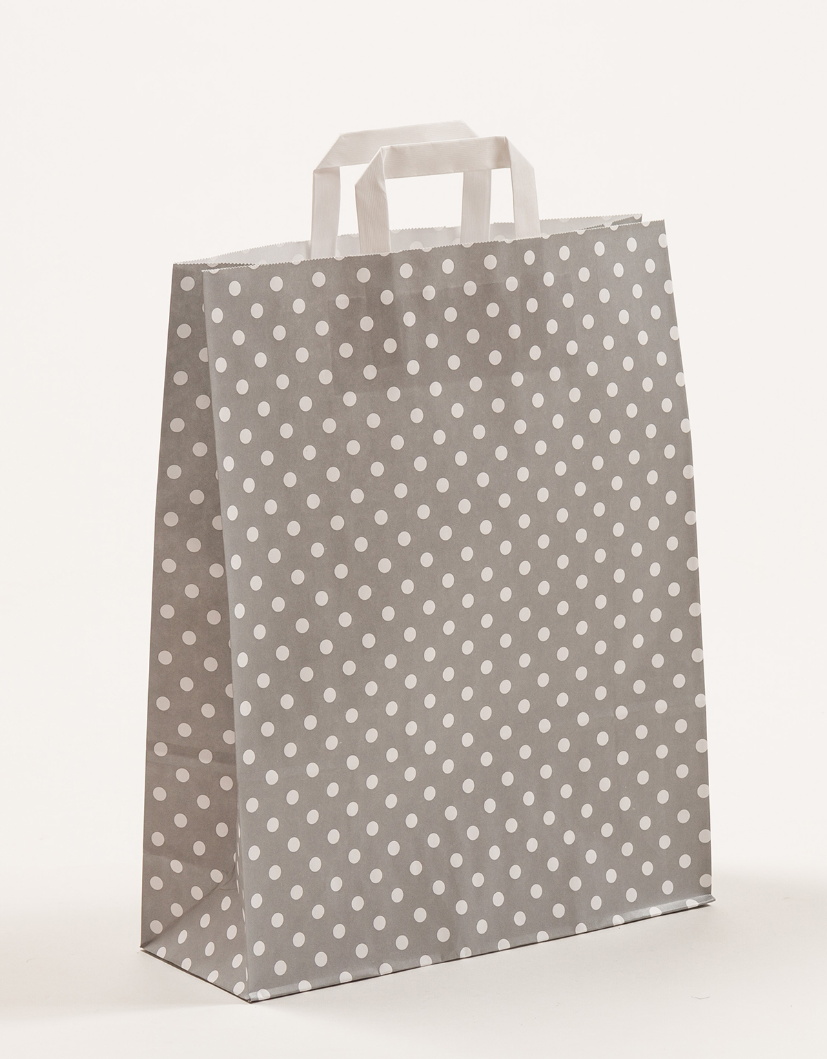Produktbild Papiertragetaschen mit Flachhenkel grau mit Punkten in der Größe 32 x 12 x 40 cm
